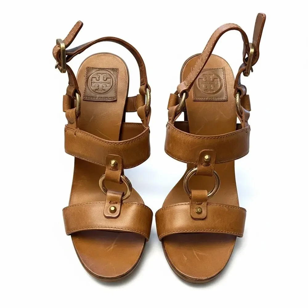Tory Burch Gipse Almond Antique Veg Leather Heeled Sandals Size 9M